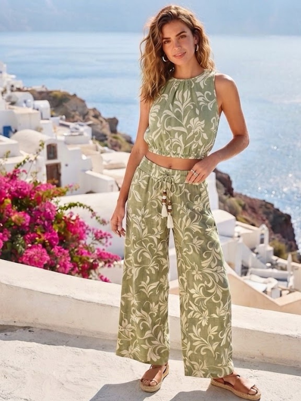 100%Cotton Sleeveless top and Olive Floral Wide-Leg pants